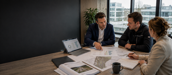Opdrachtgever en opdrachtnemer bespreken prestaties en samenwerking binnen een infraproject