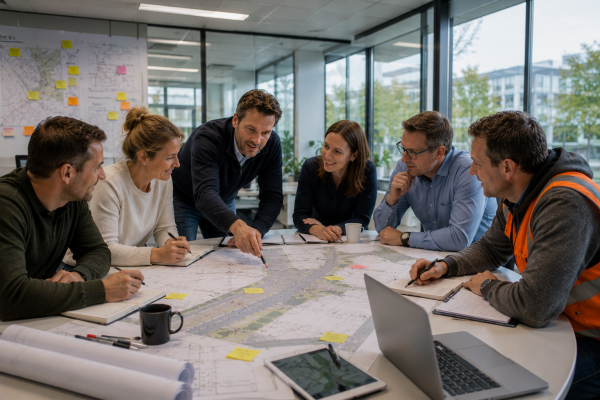 Opdrachtgever en opdrachtnemer werken samen tijdens een bouwteamoverleg