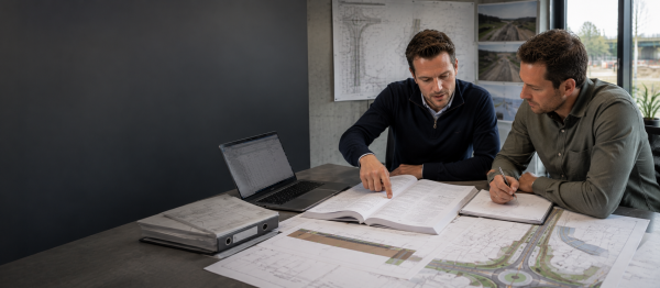 Infraprofessionals bespreken een RAW-bestek en technische tekening voor een infraproject
