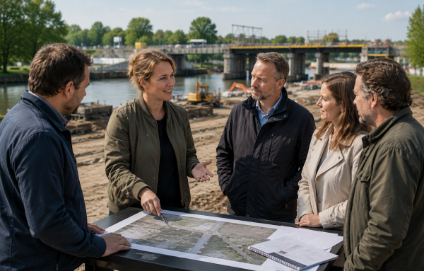 Omgevingsmanager bespreekt samen met projectpartners en belanghebbenden de plannen voor een infraproject tijdens een projectbezoek op locatie.