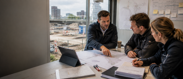 Civieltechnisch projectleider bespreekt een infraproject met het projectteam