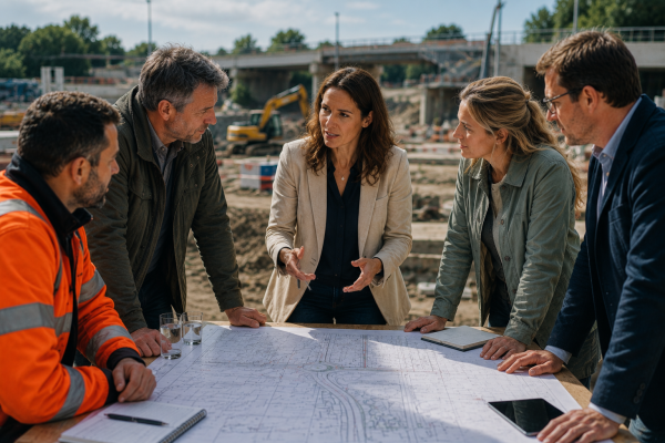 Strategisch omgevingsmanager bespreekt samen met projectpartners de plannen voor een infraproject.