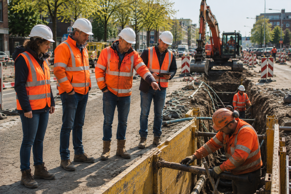 Opdrachtgever en aannemer bespreken samen de veiligheid tijdens een safetywalk op een GWW-project