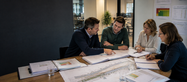 Opdrachtgever en opdrachtnemer bespreken een UAV-GC-contract voor een infraproject