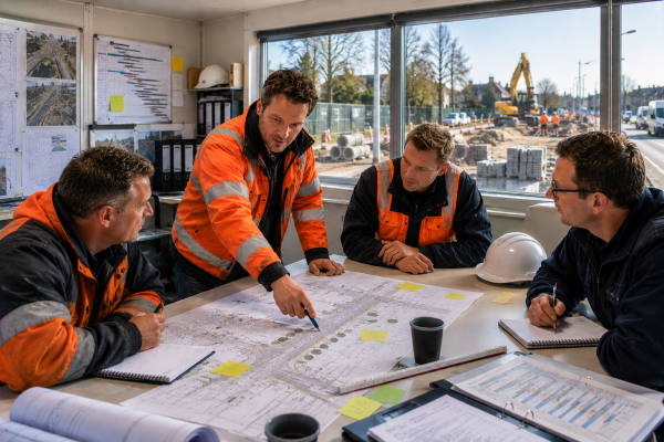 Uitvoerder GWW bespreekt de planning en uitvoering van een infraproject met het projectteam